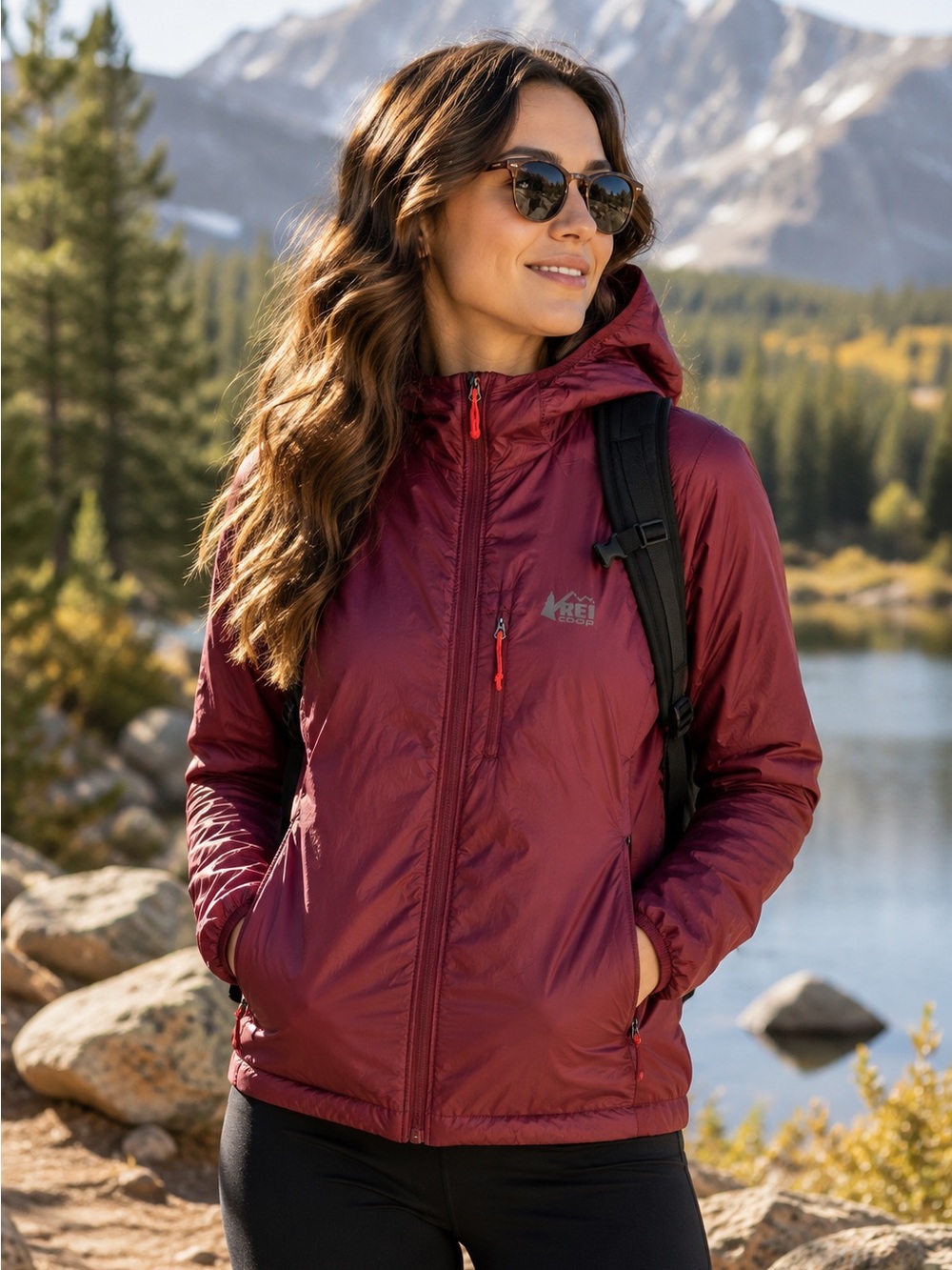 REI Co-Op Flash Insulated Hybrid Lightweight Packable Burgundy Hooded Jacket
